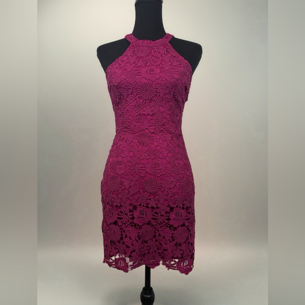 Lulus Magenta Love Poem Lace Halter Bodycon Dress XS